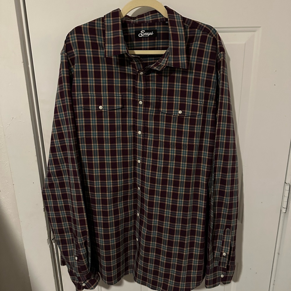 Snaps Rambler EZ Care Pearl Snap Long Sleeve Shirt- Burgundy and Teal